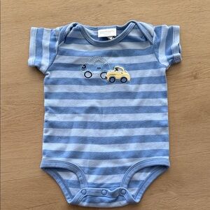 VINTAGE Carter's Blue Striped Baby One-Piece Bodysuit with Yellow Car Applique